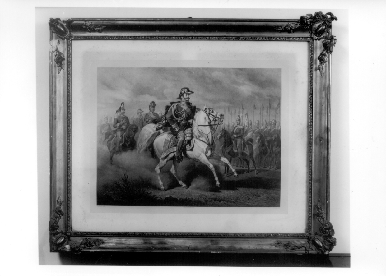 Vittorio Emanuele II di Savoia a cavallo con soldati (stampa) di Grimaldi Stanislao, Gonin Francesco (metà sec. XIX)