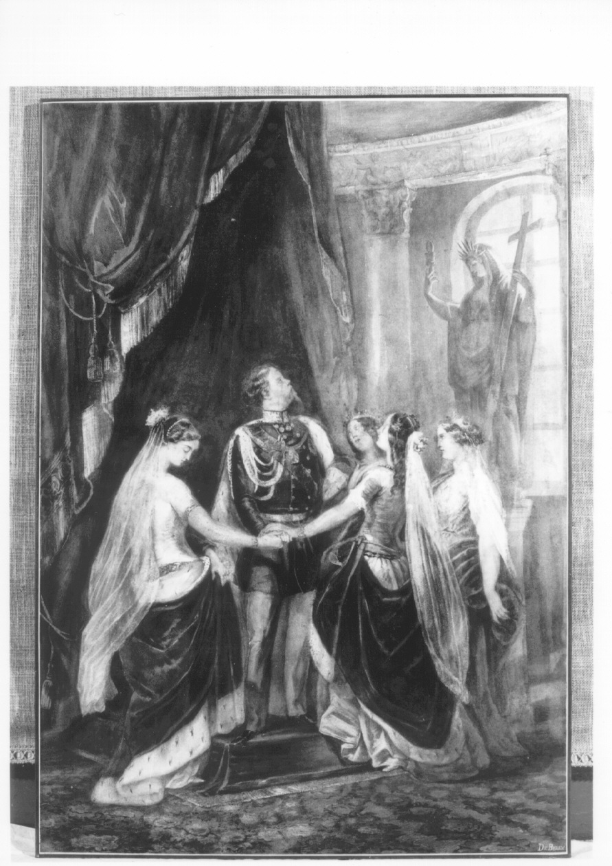 Ascesa al trono di Vittorio Emanuele II, Vittorio Emanuele II riunisce le province italiane (dipinto, opera isolata) di De Belly Tommaso (terzo quarto sec. XIX)