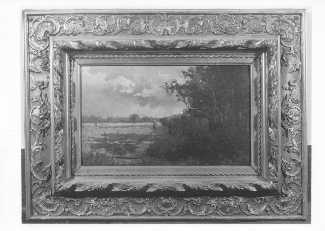 Tempo minaccioso, paesaggio con contadine (dipinto, opera isolata) di Ladi F (seconda metà sec. XIX)