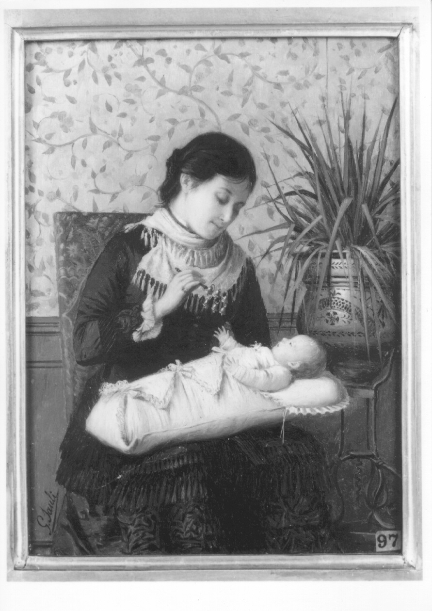 IL PRIMO GINGILLO, giovane madre con infante (dipinto, opera isolata) di Sauli d'Igliano Giuseppe (ultimo quarto sec. XIX)