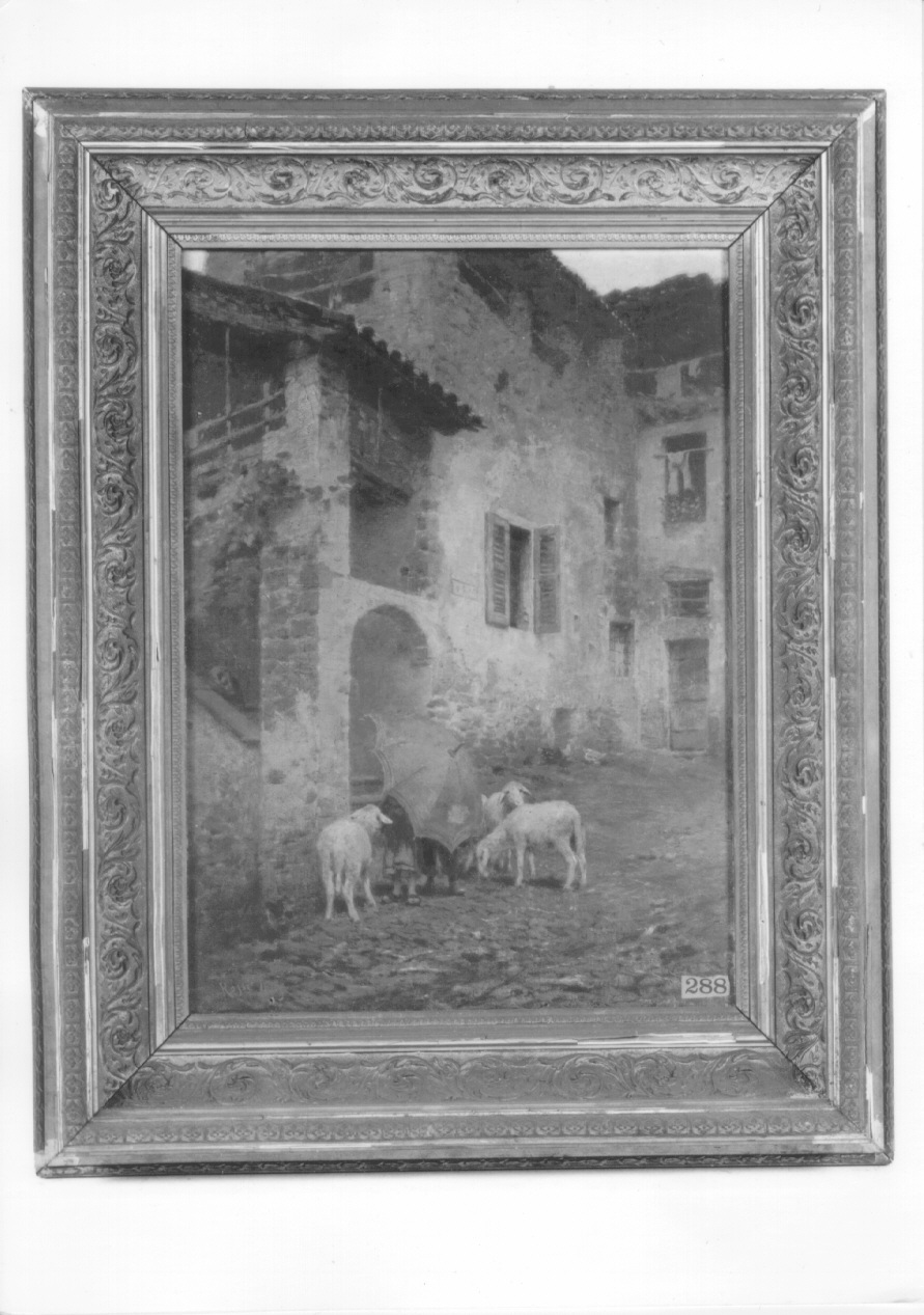TEMPO PIOVOSO, borgo con pastori e gregge (dipinto, opera isolata) di Rossi Luigi (ultimo quarto sec. XIX)