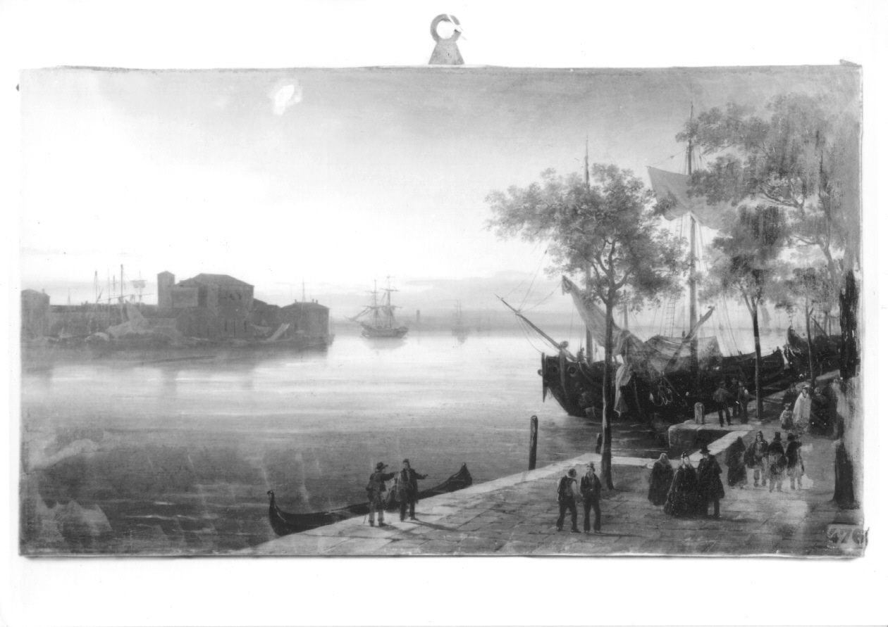 CANALE DELLA GIUDECCA SULLE ZATTERE IN VENEZIA, paesaggio marino (dipinto, opera isolata) di Gargnani Garetti Marianna (terzo quarto sec. XIX)