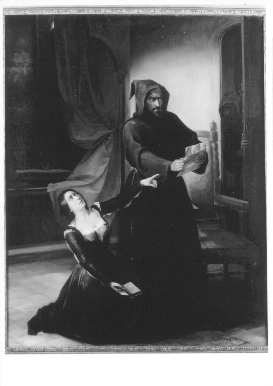 MARIA DE' RICCI, PER MEZZO D'UNA LETTERA, FA CONOSCERE A BANDINI SUO AMANTE, DA LEI CREDUTO UN FRATE, IL TRADIMENTO ORDITO DAI SUOI PARENTI, ONDE OBBLIGARLA A SPOSARE BENINTENDI (DALL'ASSEDIO DI FIRENZE DI GUERRAZZI), interno con figure (dipinto, opera isolata) di Sereno Costantino (metà sec. XIX)