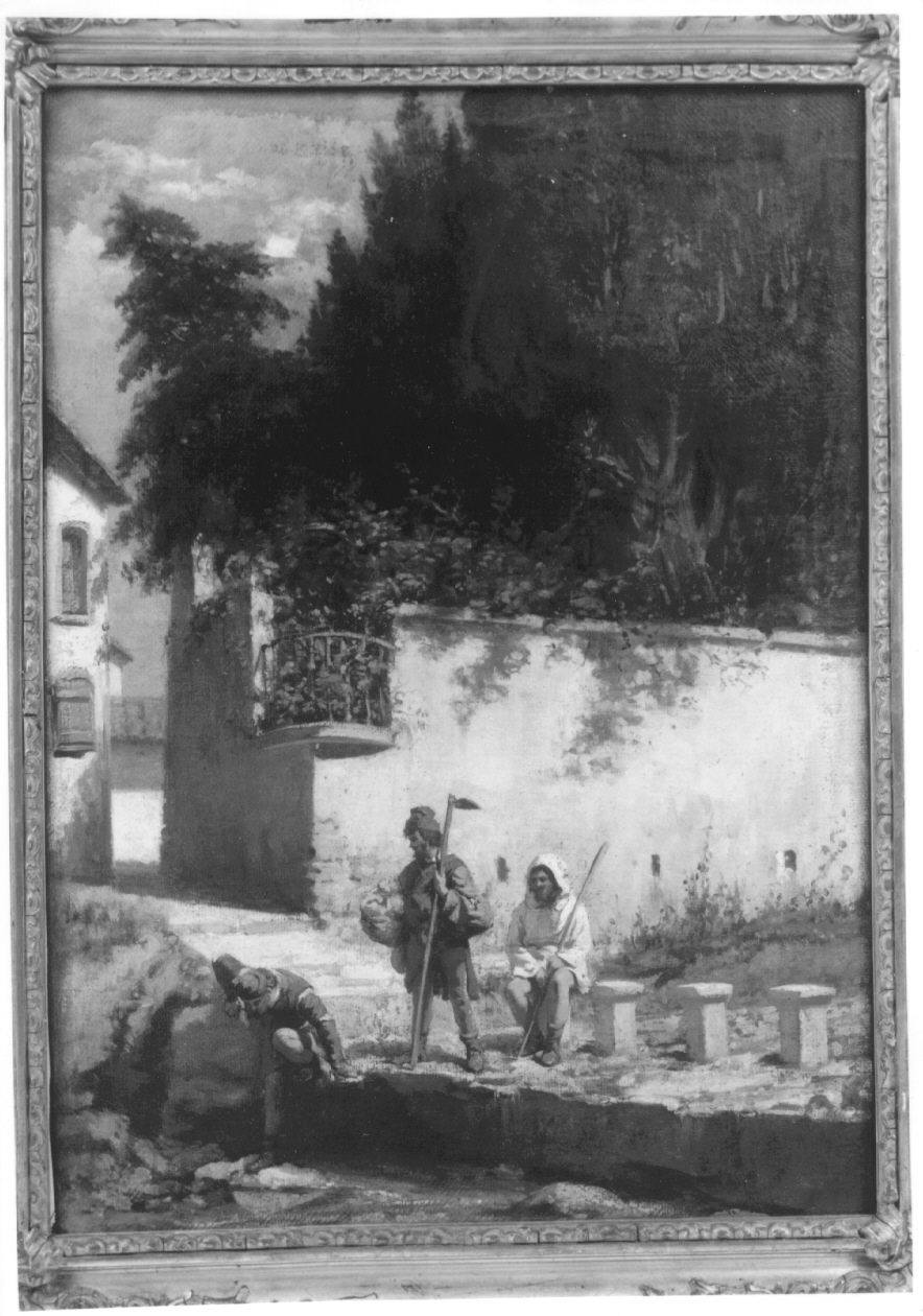 CONTADINI SARDI, veduta di borgo con figure (dipinto, opera isolata) di Raymond Lodovico (seconda metà sec. XIX)