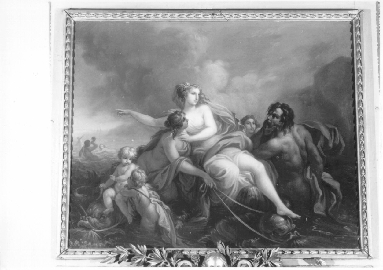 TETI DEA DEL MARE SUL CARRO A CONCHIGLIA, E TIRATA DA DELFINI, ASCOLTA PROTEO CHE LI PREDICE CH'ELLA AVREBBE UN FIGLIO PIÙ POTENTE, CHE SUO PADRE, DIVERSI GENJ E DEITÀ MARINE, Teti e Proteo (sovrapporta, ciclo) di Paladino Giuseppe (ultimo quarto sec. XVIII)