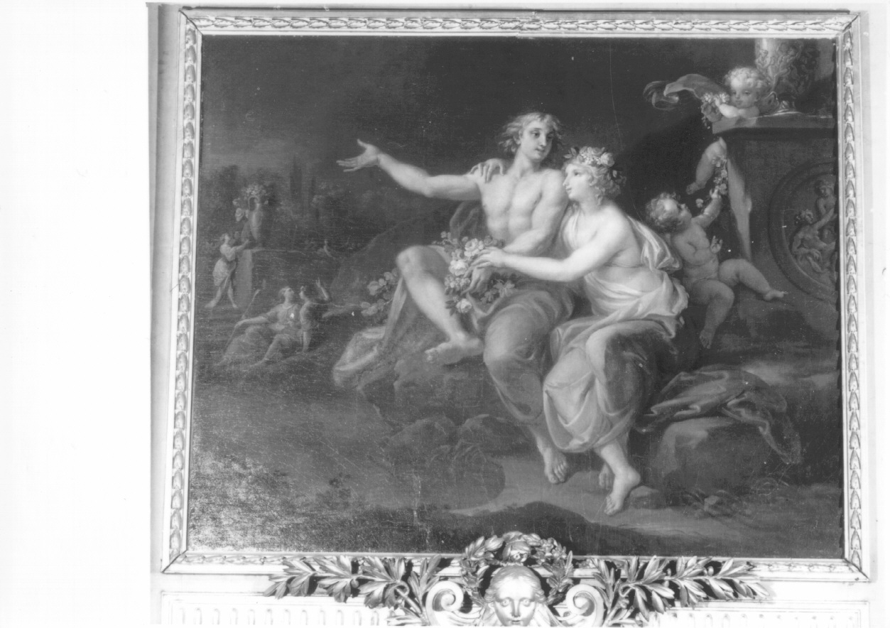 VERTUNNO E POMONA VICINO A UN BAGNO TRATTENERSI CON FIORI, VASI ORNATI CON BASSI RILIEVI DI BACCANTI, E LA DESOLATA ARIANNA, NINFE IN LONTANO, CHE PASSEGGIANO CON AMORINI, Vertumno e Pomona (sovrapporta, ciclo) di Paladino Giuseppe (ultimo quarto sec. XVIII)