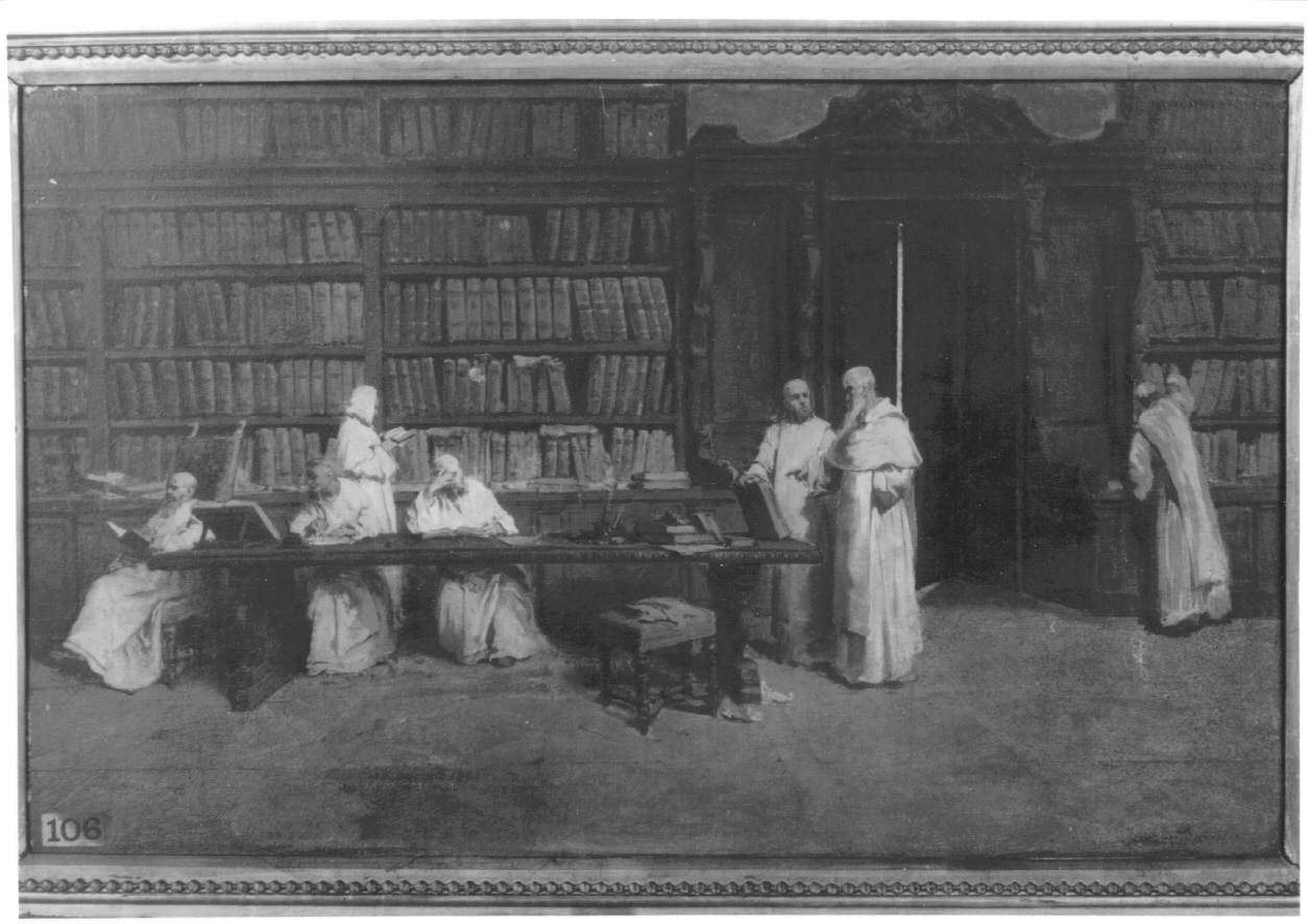 LA BIBLIOTECA DEL CONVENTO (ORE DI STUDIO), biblioteca con frati (dipinto, opera isolata) di Raymond Lodovico (ultimo quarto sec. XIX)