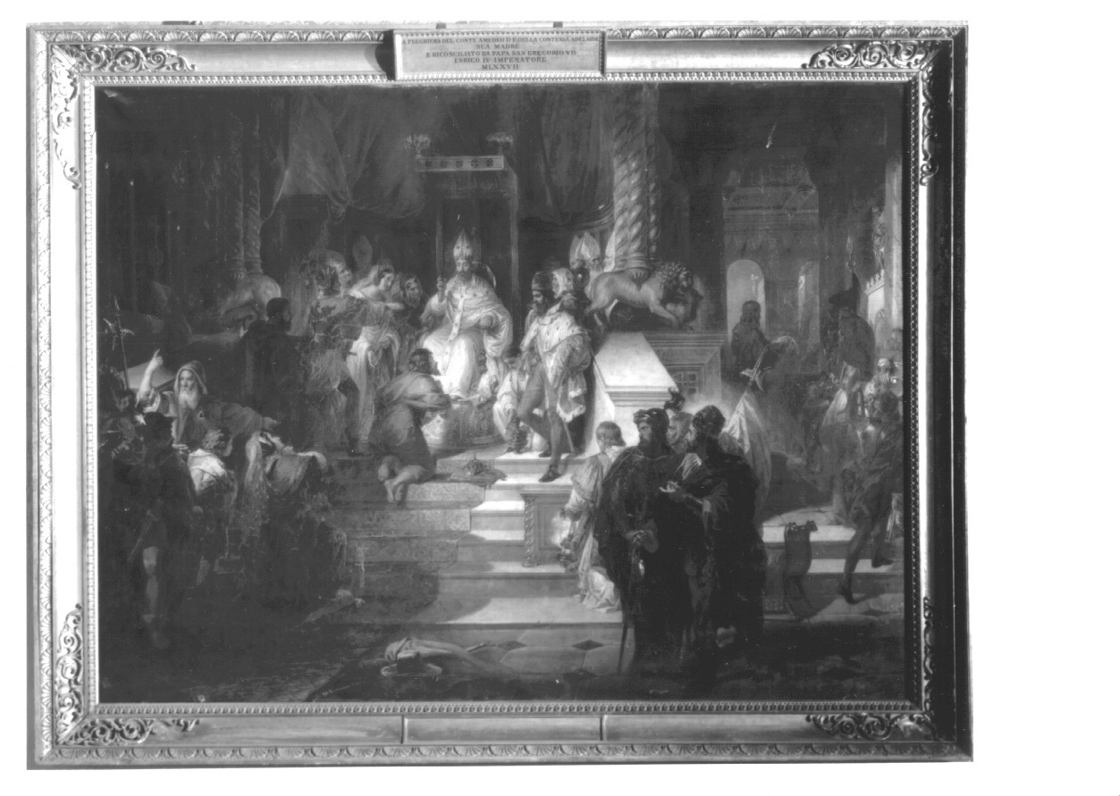 L' IMPERATORE ENRICO IV SI RICONCILIA COL PAPA GREGORIO VII A PREGHIERA DEL CONTE AMEDEO II E DELLA CONTESSA ADELAIDE SUA MADRE. 1087, Enrico IV di Franconia si riconcilia con papa Gregorio VII (dipinto, opera isolata) di Cavalleri Ferdinando (metà sec. XIX)