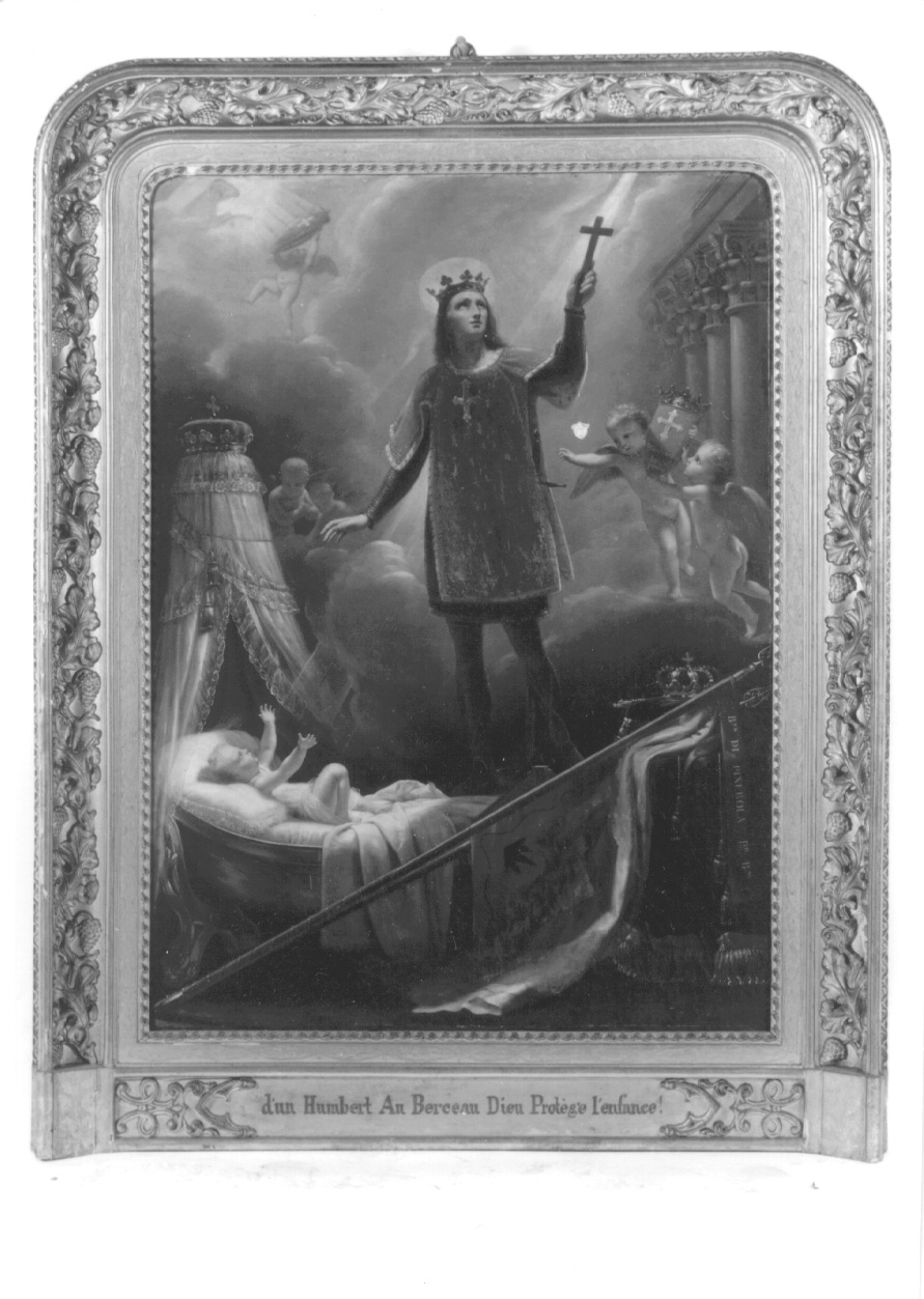D'UN HUMBERT AN BERCEAU DIEU PROTEGE L'ENFANCE!, visione di Sant'Uberto all'infante principe Umberto (dipinto, opera isolata) di Chabord Joseph (secondo quarto sec. XIX)