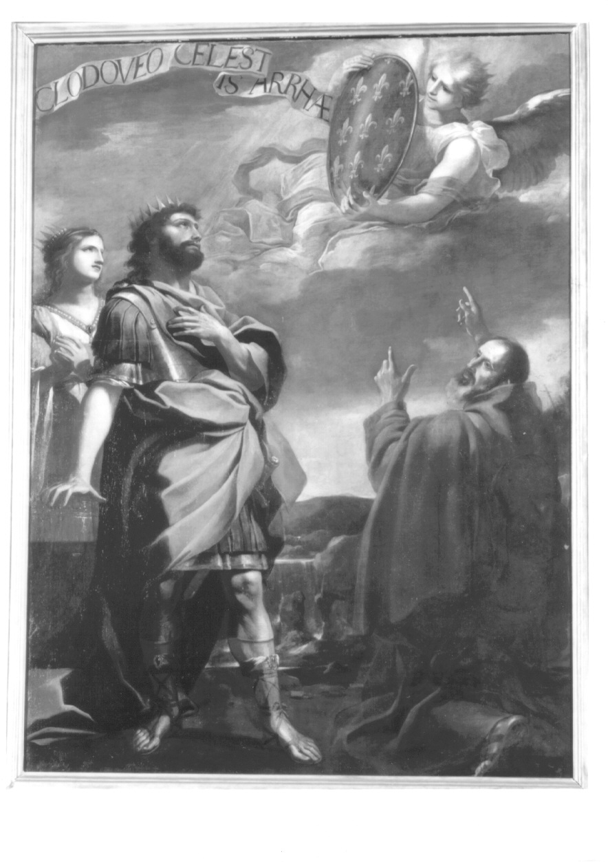 Clodoveo riceve lo scudo del giglio mostrato da San Remigio (dipinto, opera isolata) di Miel Jan (attribuito) (terzo quarto sec. XVII)
