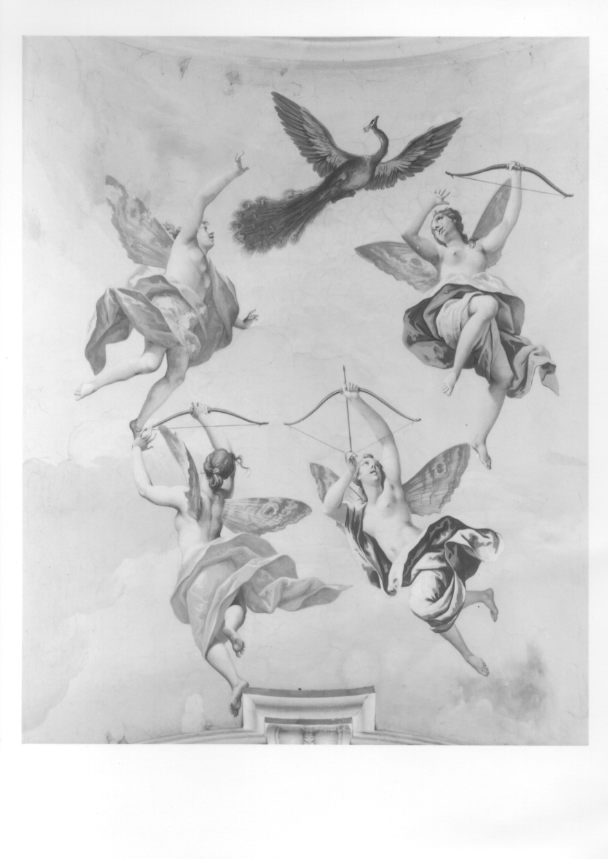 NINFE A CACCIA DI PAVONI (decorazione pittorica, elemento d'insieme) di Juvarra Filippo (attribuito), Valeriani Giuseppe (attribuito), Valeriani Domenico (maniera) - ambito piemontese (secondo quarto sec. XVIII)