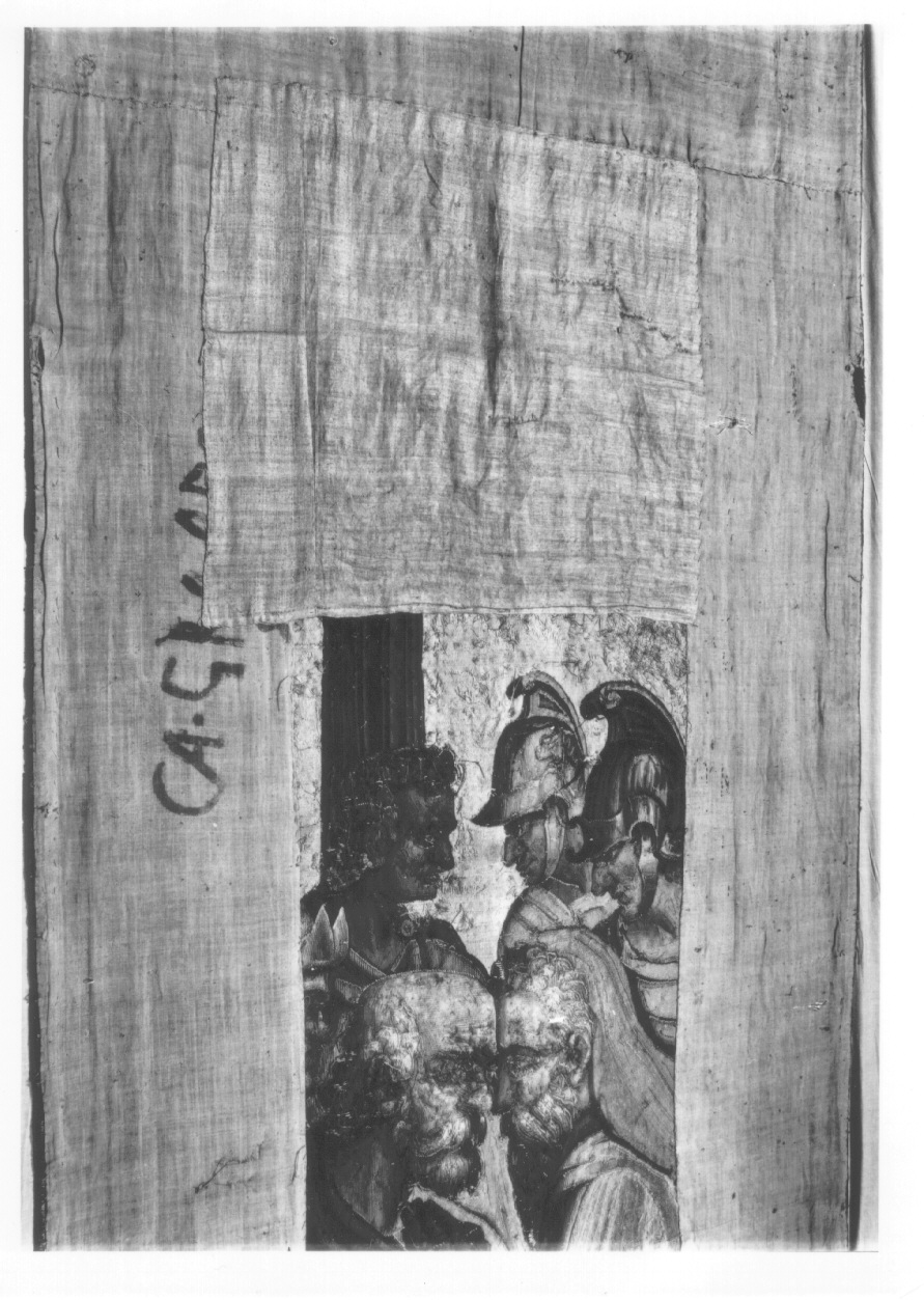 Guerrieri che conversano con un sacerdote (arazzo, frammento) di De Maecht Philippe, Caron Antoine, Lerambert Henri (e aiuti) - manifattura di Faubourg Saint-Marcel (primo quarto sec. XVII)