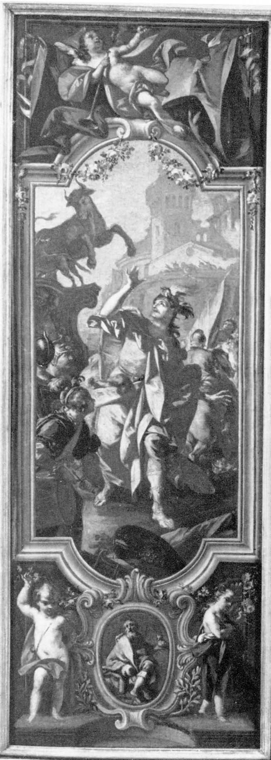 soldato che si volge a guardare la statua di un toro imbizzarrito (dipinto) di Beaumont Claudio Francesco (secondo quarto sec. XVIII)
