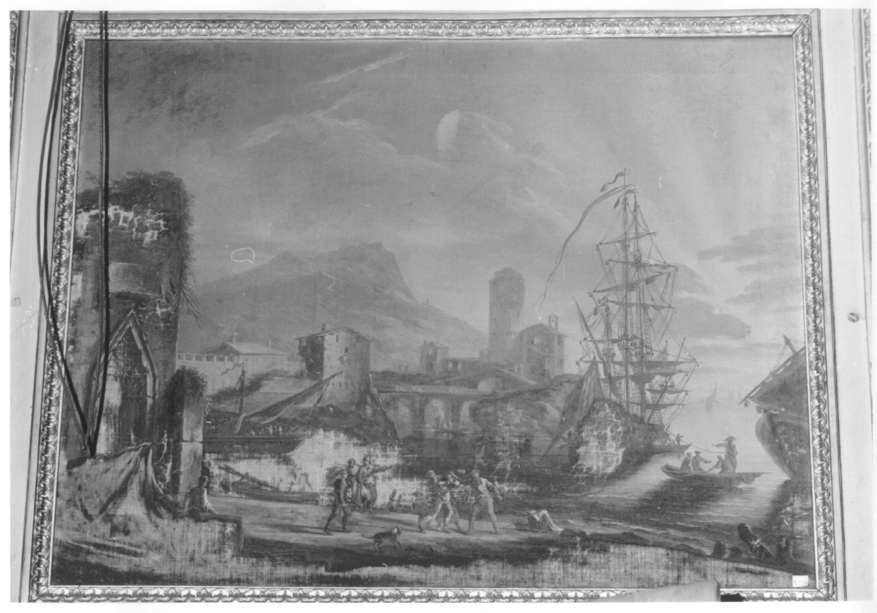 porto con architetture e navi allo scalo (sovrapporta, ciclo) di Antoniani Paolo Maria (ultimo quarto sec. XVIII)