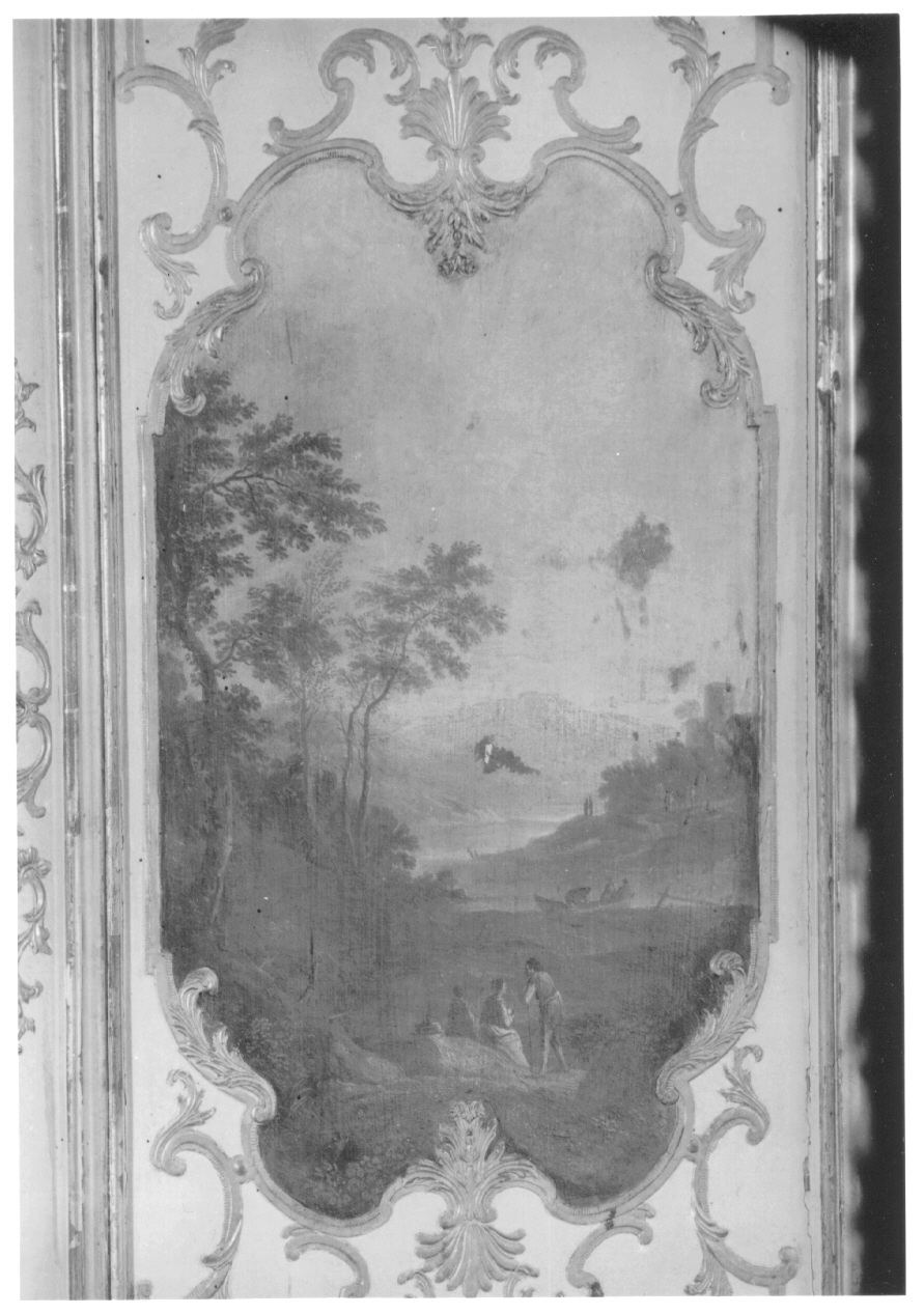 paesaggio con alberi, architetture e figure (dipinto, elemento d'insieme) di Brambilla Carlo Filippo (secondo quarto sec. XVIII)