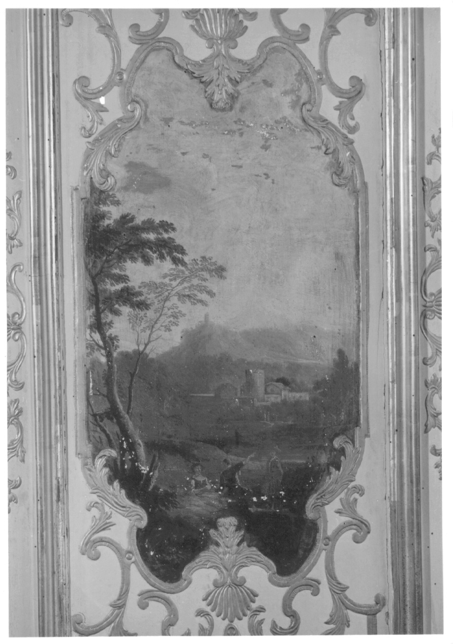 paesaggio con alberi, architetture e figure (dipinto, elemento d'insieme) di Brambilla Carlo Filippo (secondo quarto sec. XVIII)