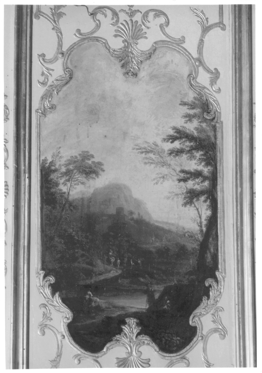 paesaggio con alberi, architetture e figure (dipinto, elemento d'insieme) di Brambilla Carlo Filippo (secondo quarto sec. XVIII)