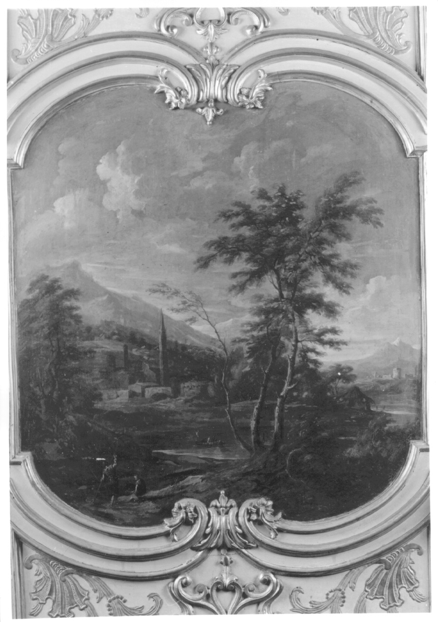 paesaggio con alberi, architetture e figure (dipinto, elemento d'insieme) di Cignaroli Scipione (secondo quarto sec. XVIII)