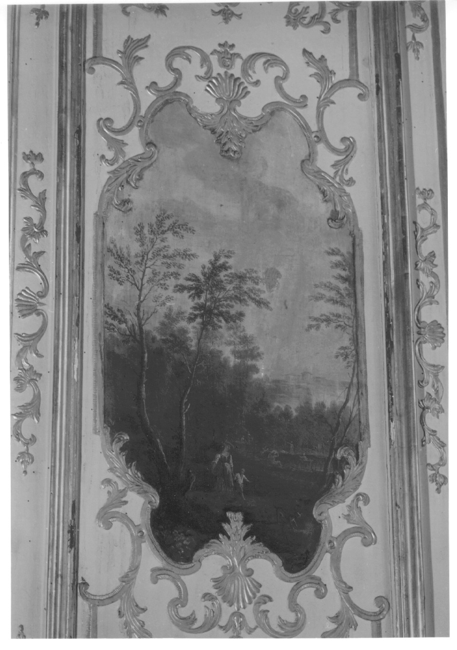 paesaggio con alberi e figure (dipinto, elemento d'insieme) di Brambilla Carlo Filippo (secondo quarto sec. XVIII)