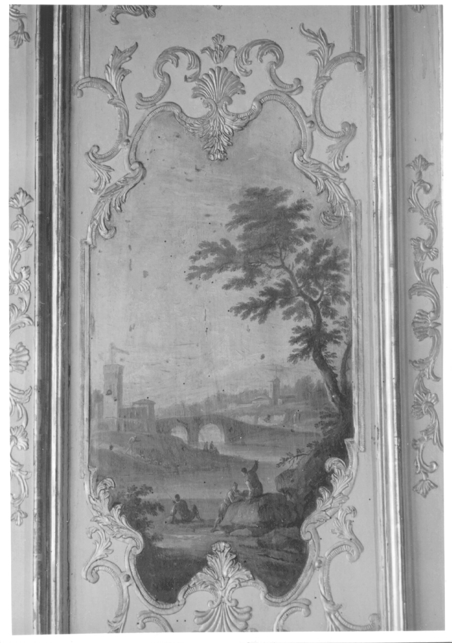 paesaggio con alberi, architetture e figure (dipinto, elemento d'insieme) di Brambilla Carlo Filippo (secondo quarto sec. XVIII)
