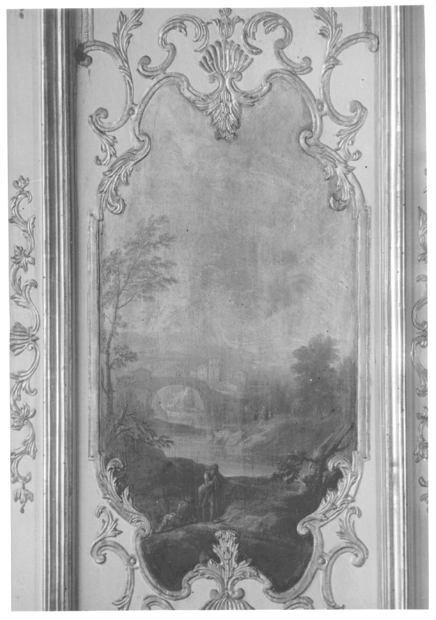 paesaggio con alberi, architetture e figure (dipinto, elemento d'insieme) di Brambilla Carlo Filippo (secondo quarto sec. XVIII)
