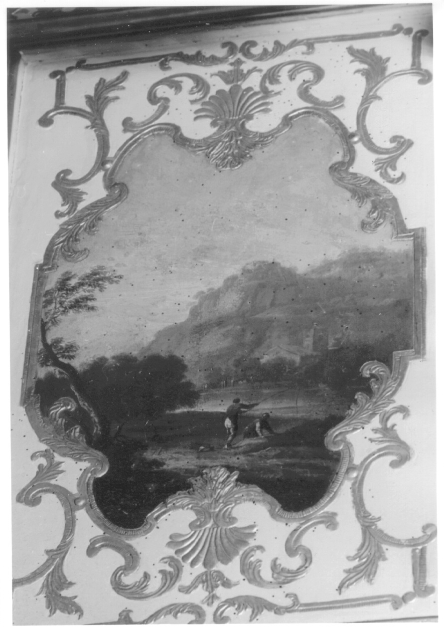paesaggio con alberi, architetture e figure (dipinto, elemento d'insieme) di Brambilla Carlo Filippo (secondo quarto sec. XVIII)