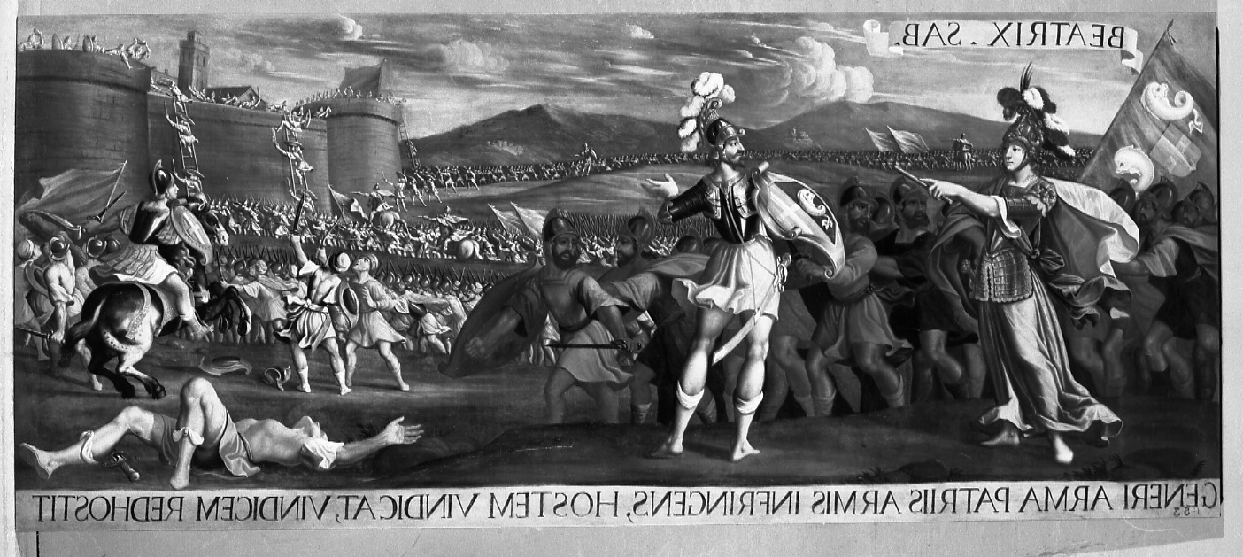 Beatrice di Savoia dirige l'assedio di una città (dipinto, opera isolata) di Mignatta Amedeo (attribuito) (terzo quarto sec. XVII)