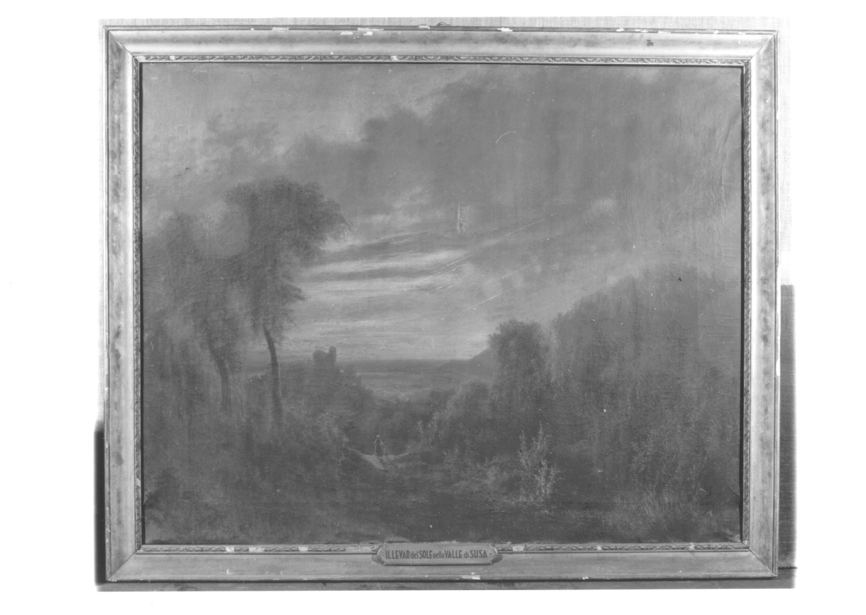 Il levar del sole nella Valle di Susa, paesaggio con alberi (dipinto, opera isolata) - ambito piemontese (sec. XIX)