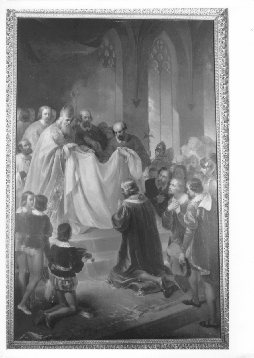 Carlo III di Savoia venera la Sacra Sindone (dipinto, opera isolata) di Marghinotti Giovanni (secondo quarto sec. XIX)