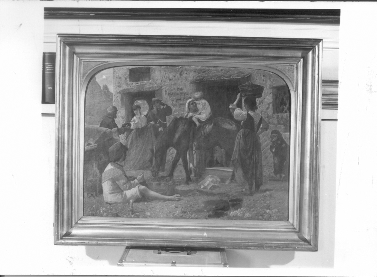Scena di campagna con forestieri e un cavallo montato da un bambino, scena campestre con figure (dipinto, opera isolata) di Sangiovanni Adriano (terzo quarto sec. XIX)