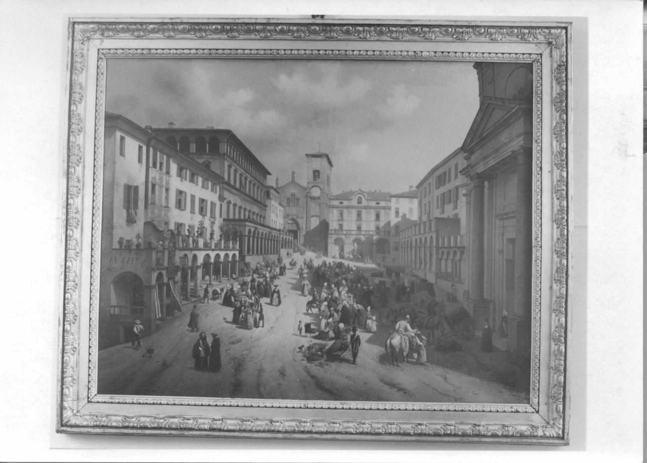 Veduta della piazza di Moncalieri in giorno di mercato, veduta di Moncalieri (dipinto, opera isolata) di Premazzi Luigi (secondo quarto sec. XIX)