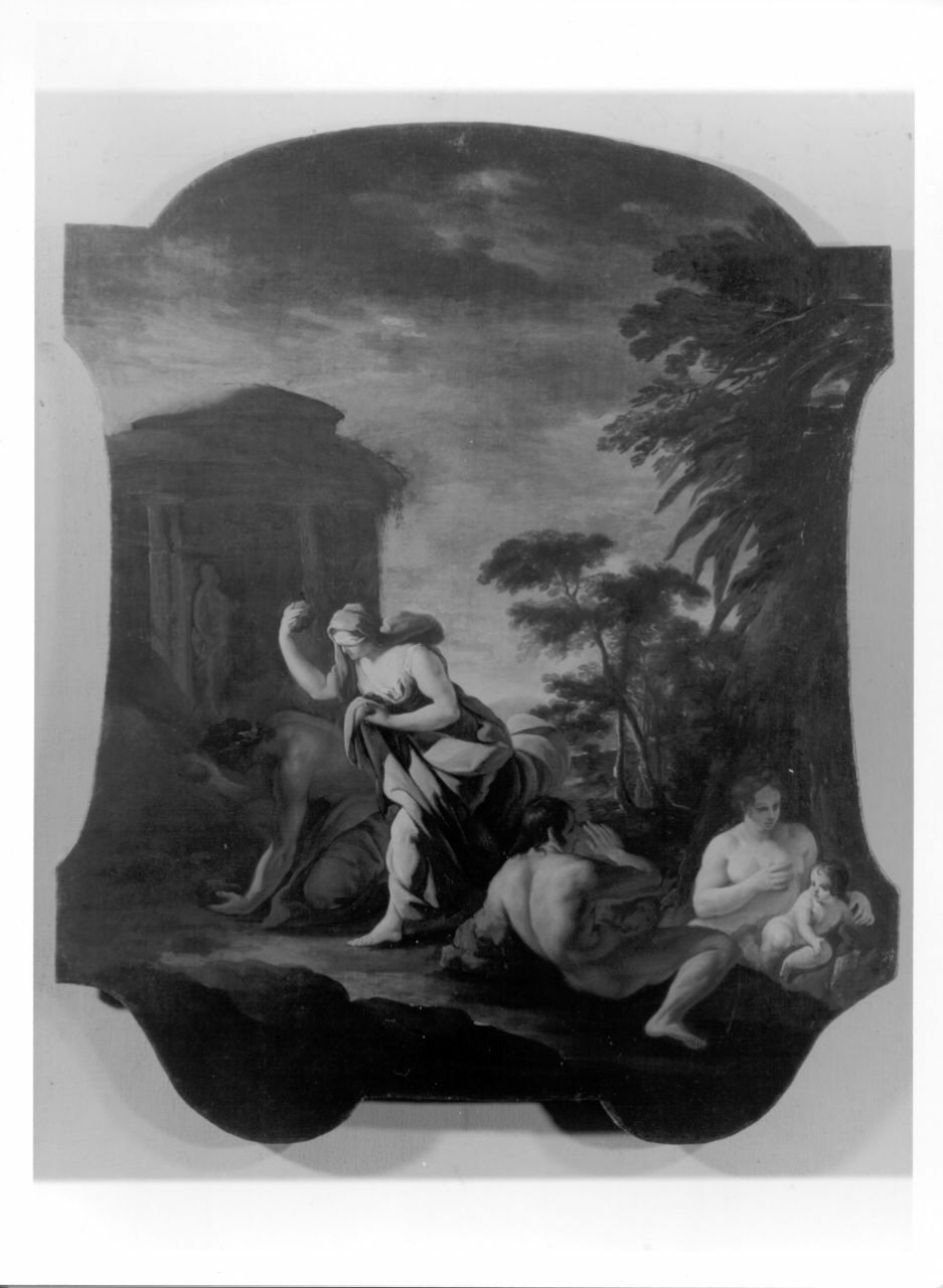 Deucalione e Pirra scagliano pietre che si trasformano in persone (sovrapporta, elemento d'insieme) di Giaquinto Corrado (bottega) (secondo quarto sec. XVIII)