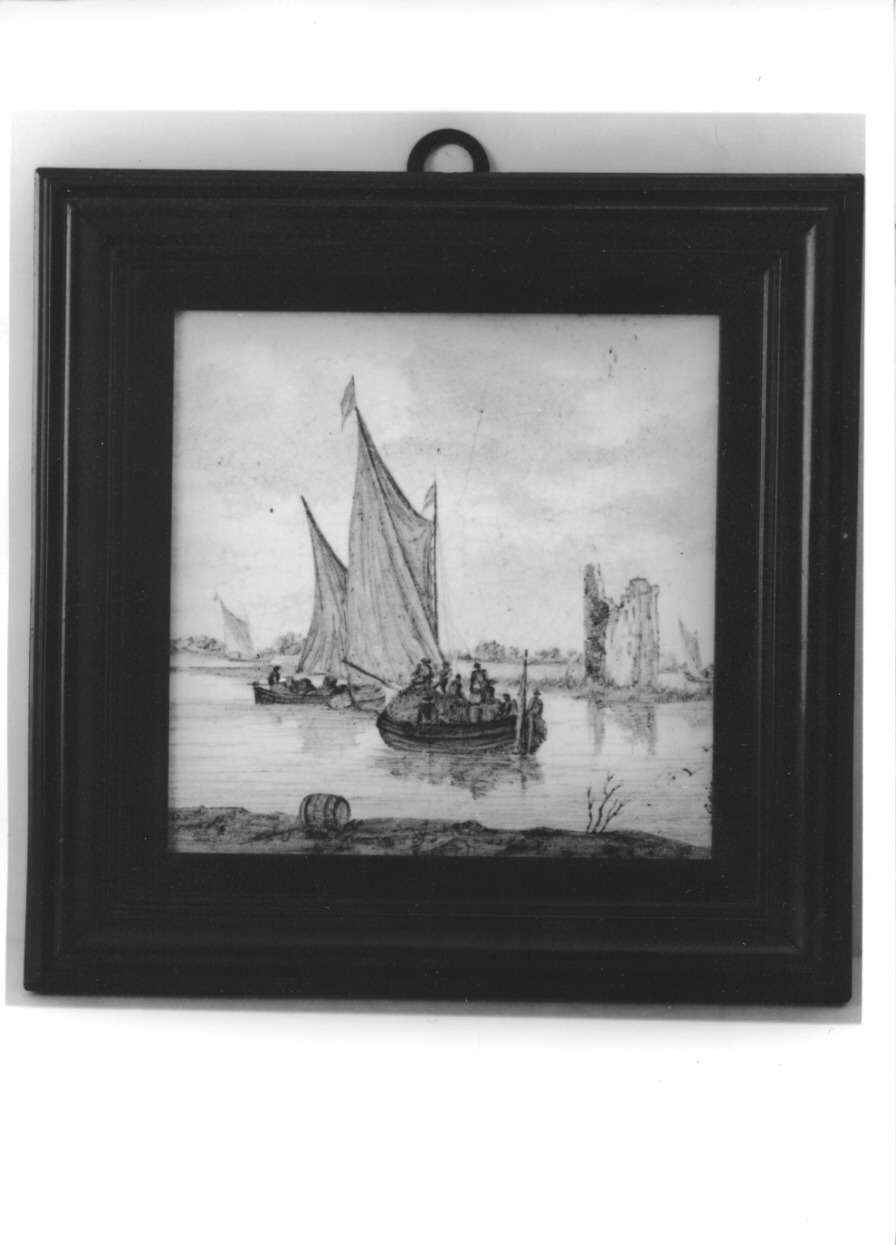 marina con pescatori e barche (dipinto, opera isolata) - manifattura di Delft (seconda metà sec. XIX)