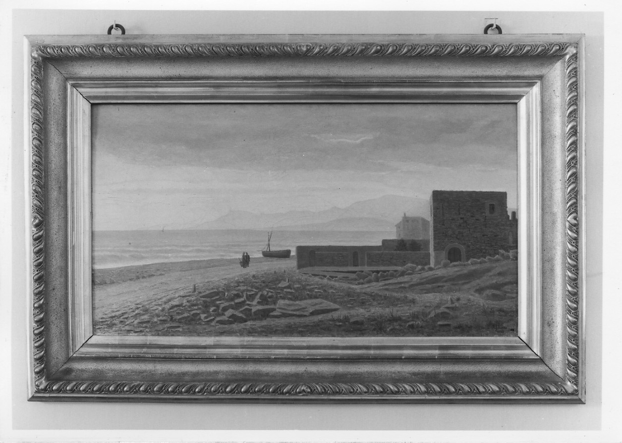 Bordighiera, veduta della spiaggia di Bordighera (dipinto, opera isolata) di D'Agliano Michele (terzo quarto sec. XIX)