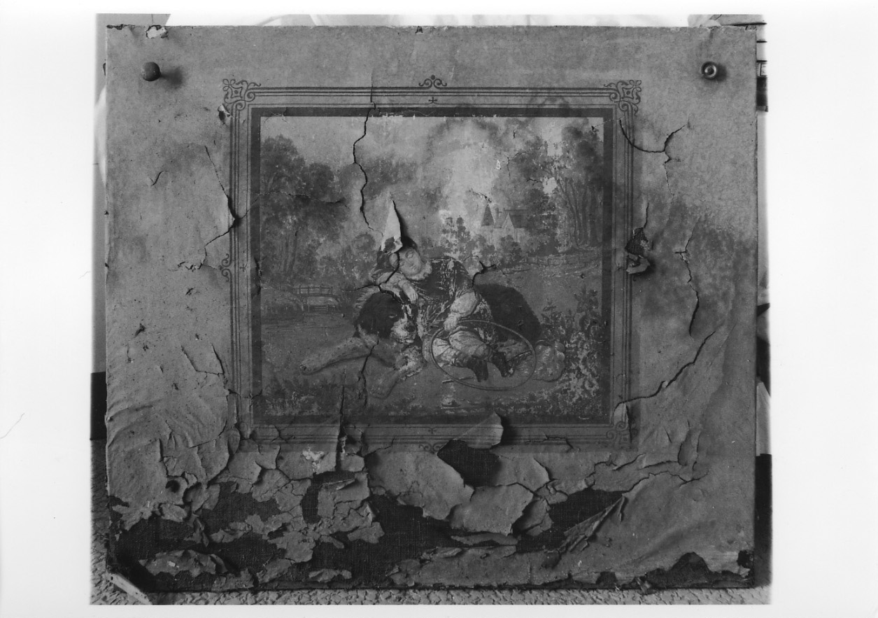 bambina con cane San Bernardo (paracamino, opera isolata) - ambito piemontese (primo quarto sec. XX)