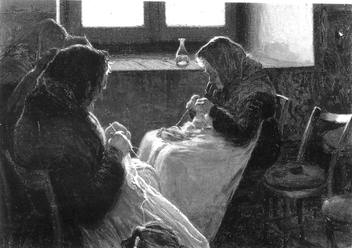 Il lavoro a maglia, anziane intente a lavorare a maglia (dipinto, opera isolata) di Morbelli Angelo (fine sec. XIX)