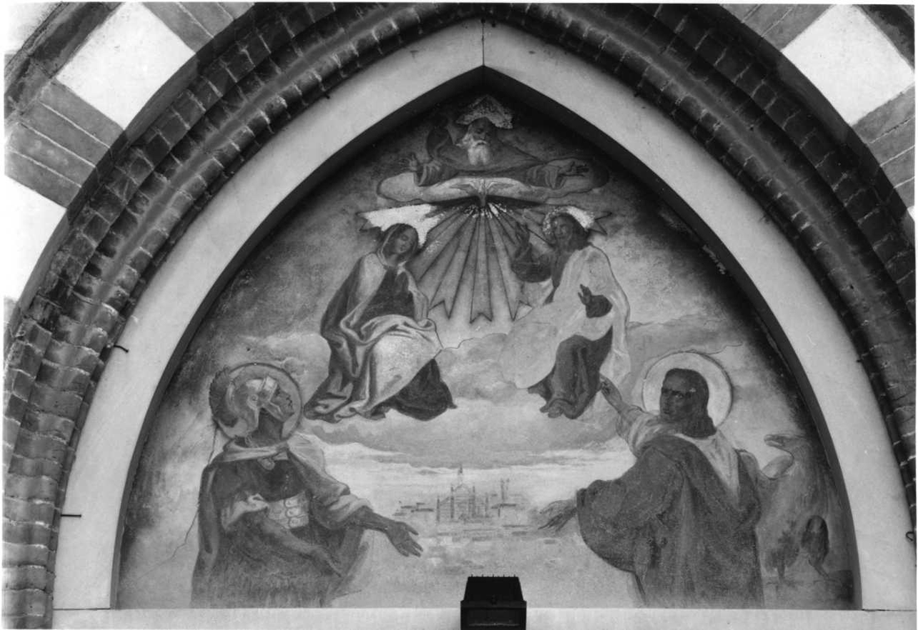 Trinità con la Madonna, San Vittore e San Giovanni Evangelista (dipinto, elemento d'insieme) di Morgari Luigi (attribuito) (inizio sec. XX)