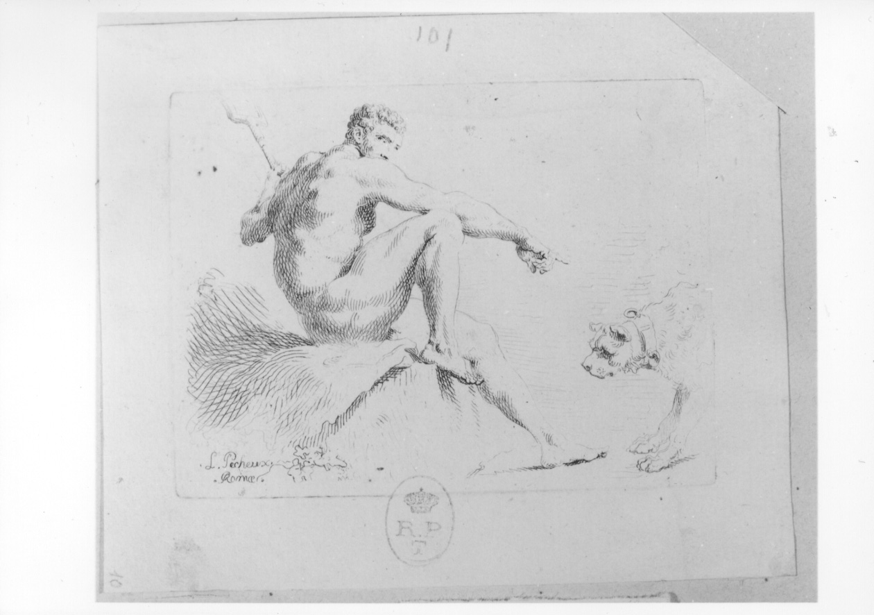figura maschile con forcone e cane (stampa) di Pécheux Lorenzo (seconda metà sec. XVIII)