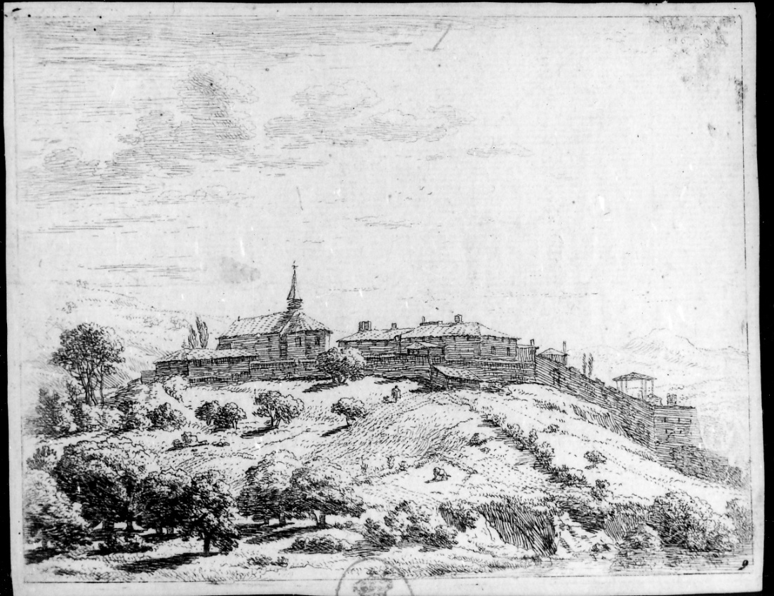 Il borgo sulla montagna, veduta di borgo murato (stampa) di Du Jardin Karel (sec. XVII)