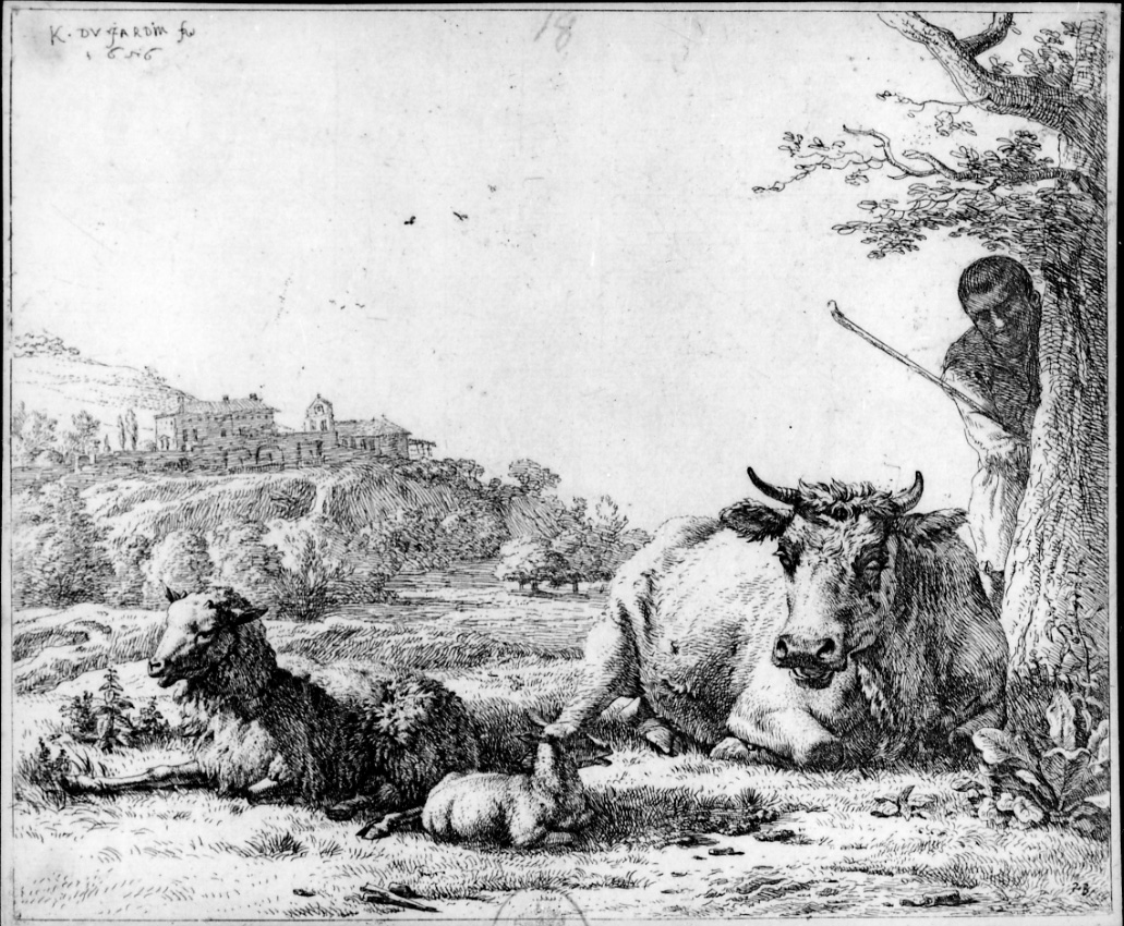 Il pastore dietro l'albero, scena campestre con figure (stampa) di Du Jardin Karel (sec. XVII)