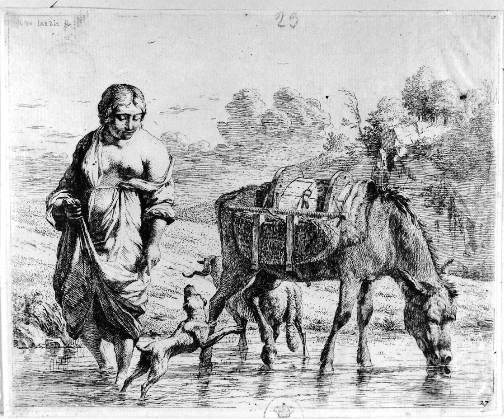 Contadina al guado, figura femminile con animali che si abbeverano (stampa) di Du Jardin Karel (terzo quarto sec. XVII)