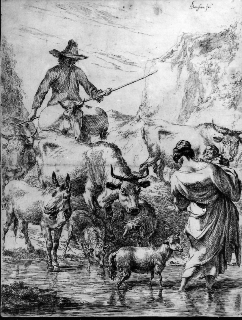 LA MANDRIA E IL RUSCELLO, pastori e animali all'abbeverata (stampa, elemento d'insieme) di Berchem Nicolaes (metà sec. XVII)