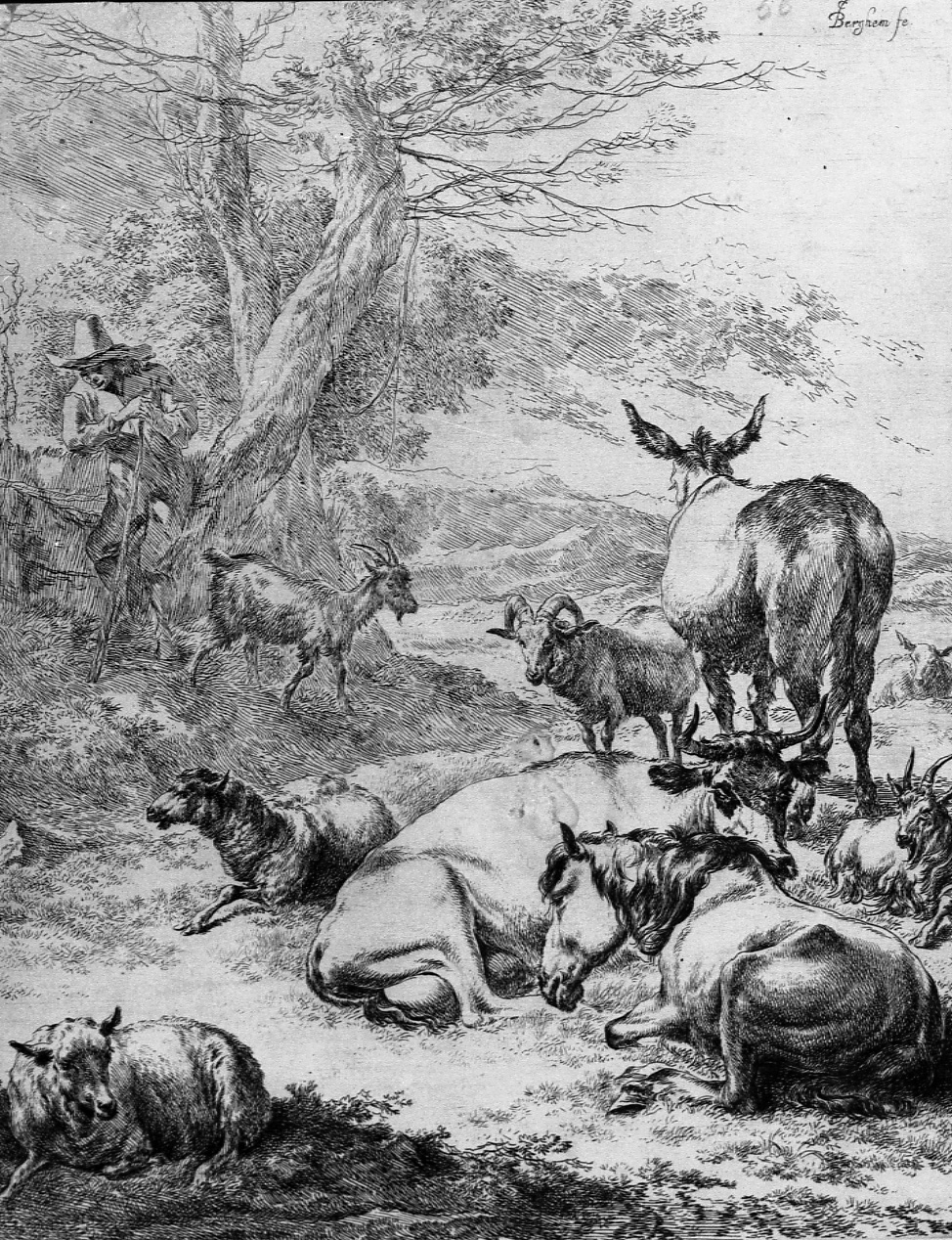 LA MANDRIA IN RIPOSO, pastore al pascolo con animali (stampa, elemento d'insieme) di Berchem Nicolaes (metà sec. XVII)