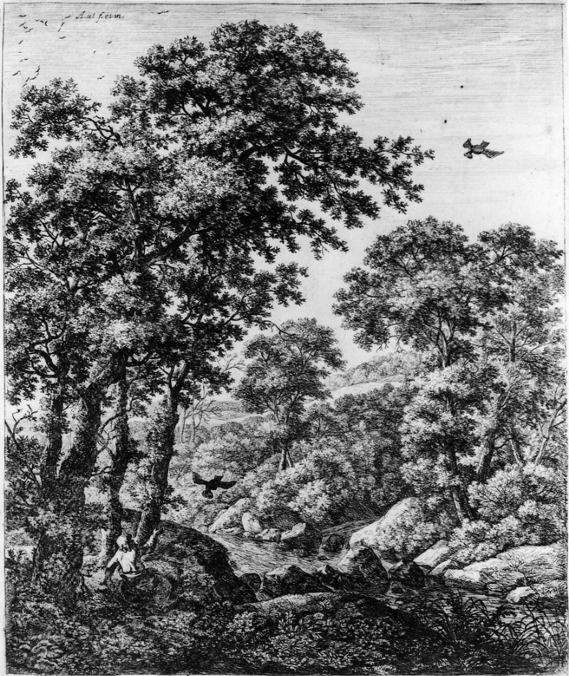 ELIA NEL DESERTO, Elia nutrito dai corvi (stampa, elemento d'insieme) di Waterloo Anthonie (metà sec. XVII)