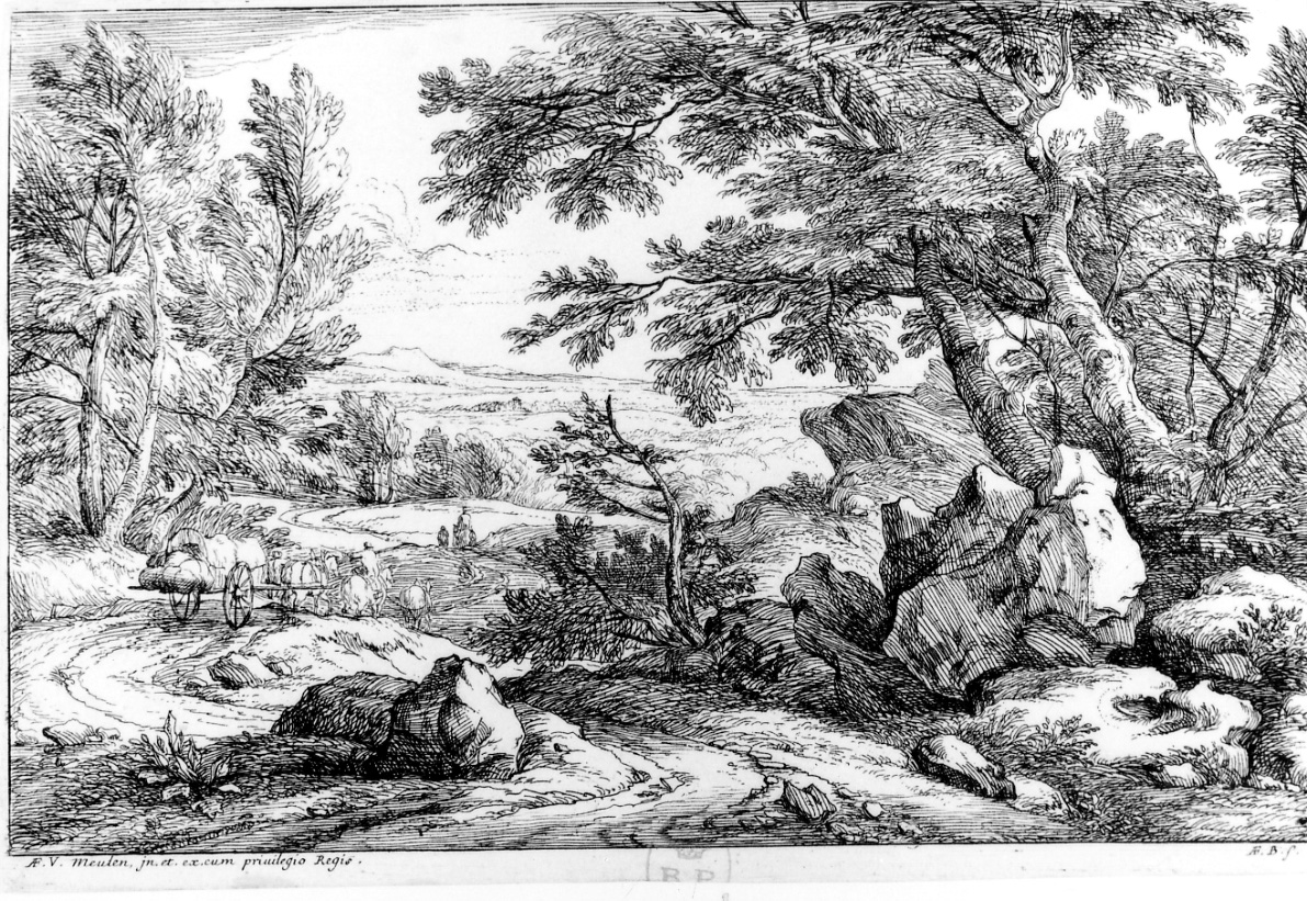 PAESAGGIO CON CARRO E CAVALLI IN VIAGGIO, scena campestre con figure (stampa) di Van der Meulen Adam Frans (seconda metà sec. XVII)