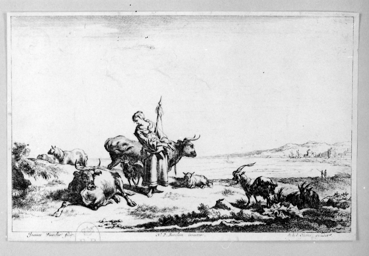 PASTORELLA CHE FILA, BUOI E VACCHE, scena campestre con figure (stampa) di De Visscher Jan, Berchem Nicolaes (seconda metà sec. XVII)