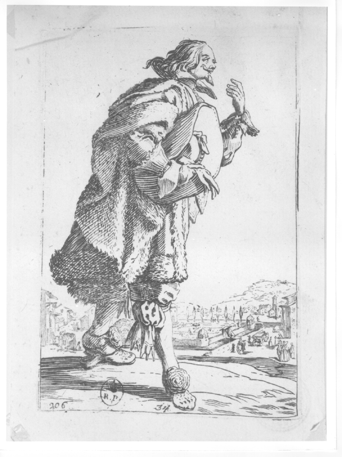 cavaliere con cappello in mano, figura maschile con copricapo (stampa) di Callot Jacques (primo quarto sec. XVII)