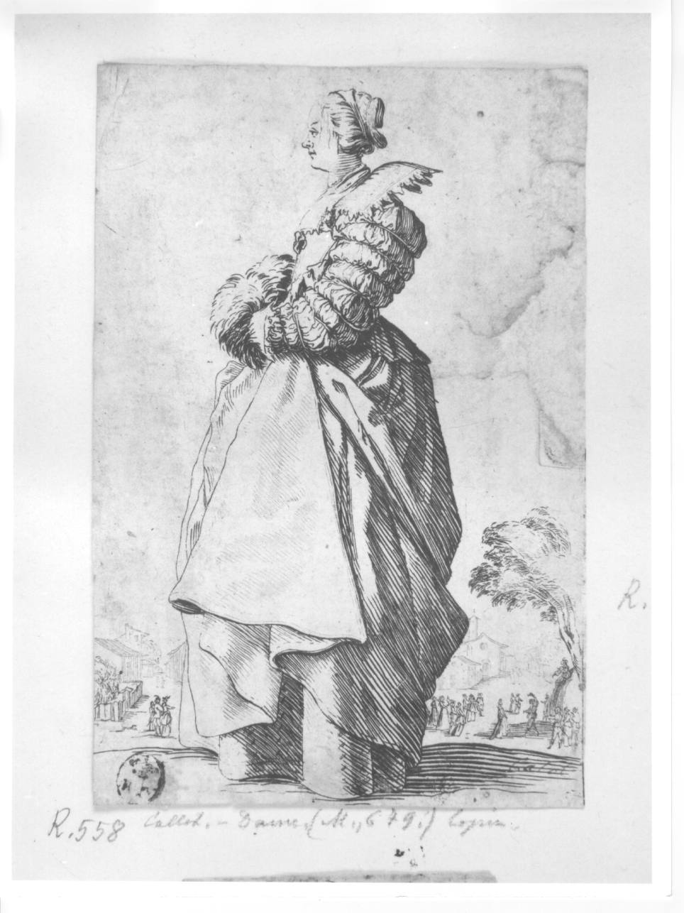 dama di profilo, figura femminile (stampa) di Callot Jacques (primo quarto sec. XVII)