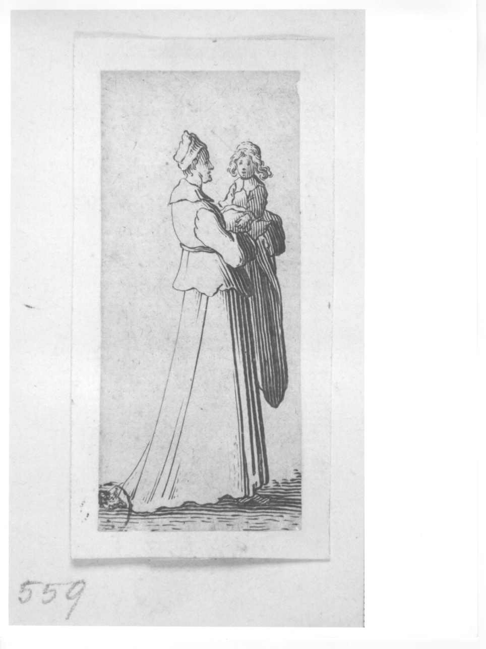 donna con bambino in braccio, figura femminile con bambina (stampa) di Callot Jacques (primo quarto sec. XVII)