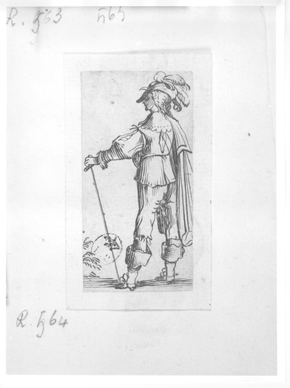 cavaliere di profilo, figura maschile con copricapo (stampa) di Callot Jacques (primo quarto sec. XVII)